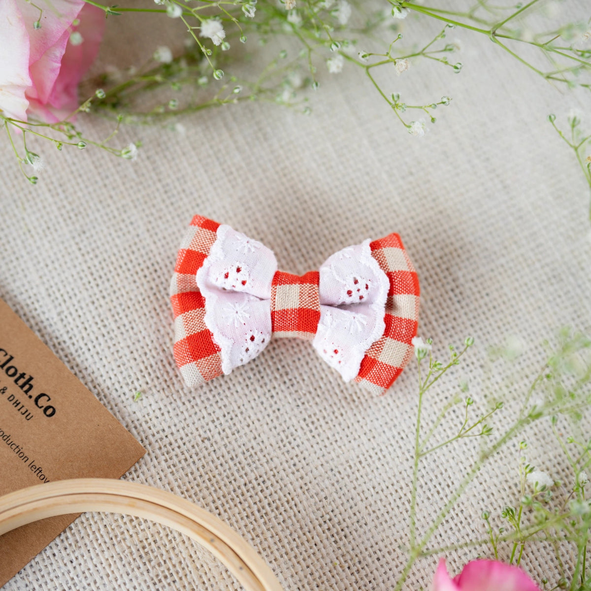 Red Check Lace Mini Hair Bow for Infants | Verified Sustainable by Brown Living™