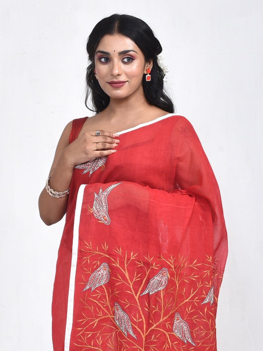 Red Cotton Embroidered Saree | Verified Sustainable by Brown Living™