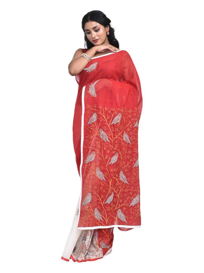 Red Cotton Embroidered Saree | Verified Sustainable by Brown Living™