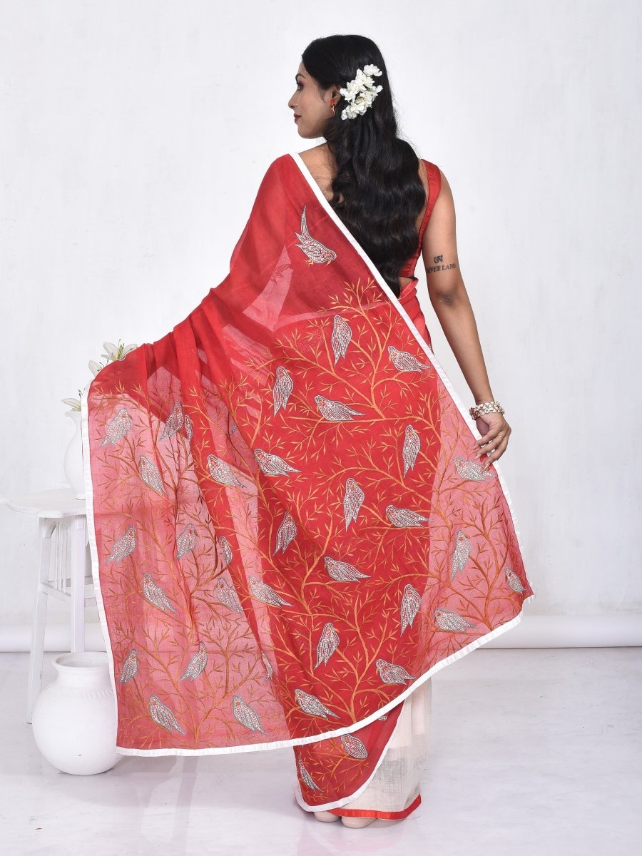 Red Cotton Embroidered Saree | Verified Sustainable by Brown Living™