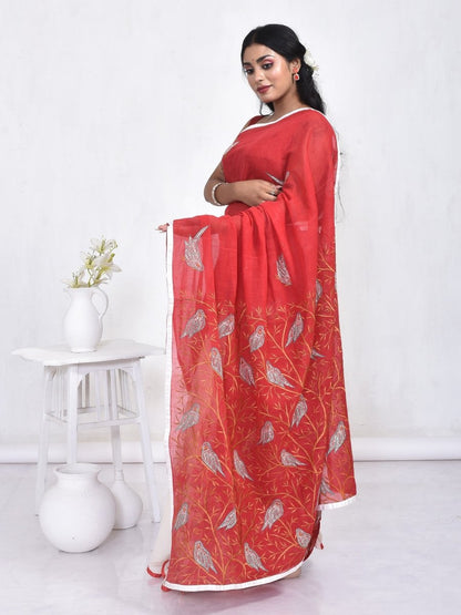 Red Cotton Embroidered Saree | Verified Sustainable by Brown Living™