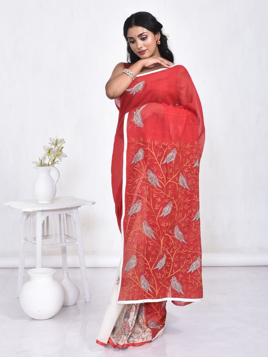 Red Cotton Embroidered Saree | Verified Sustainable by Brown Living™