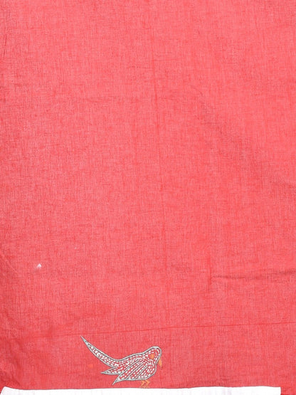 Red Cotton Embroidered Saree | Verified Sustainable by Brown Living™