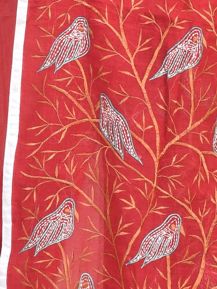 Red Cotton Embroidered Saree | Verified Sustainable by Brown Living™