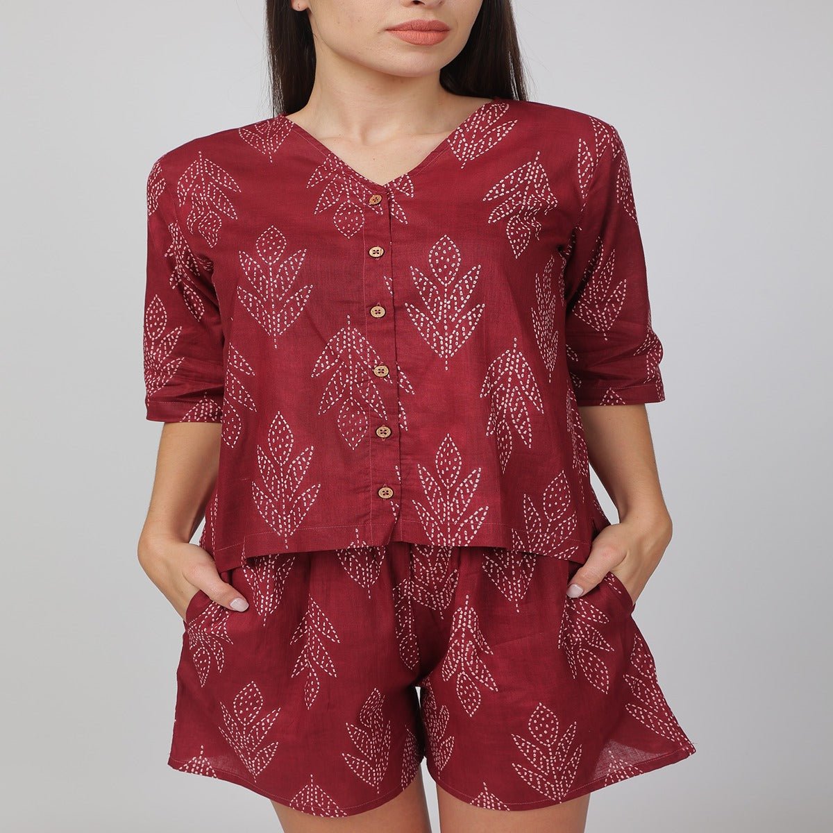 Red Cotton Printed Loungewear Top & Shorts – Indian Motif | Verified Sustainable by Brown Living™