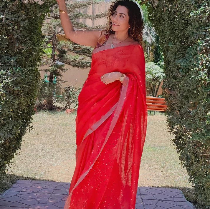Red Linen Saree with sequence – by Forsarees available on Brown Living™. . SKU: k - 1018. Img 1.