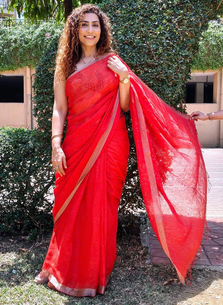 Red Linen Saree with sequence – by Forsarees available on Brown Living™. . SKU: k - 1018. Img 2.