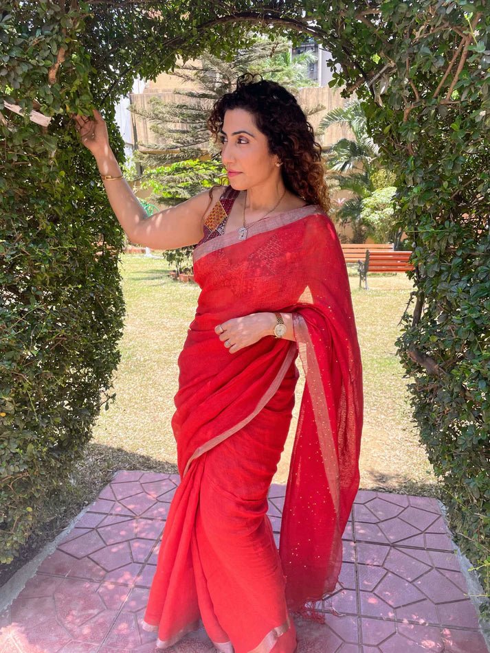 Red Linen Saree with sequence – by Forsarees available on Brown Living™. . SKU: k - 1018. Img 4.