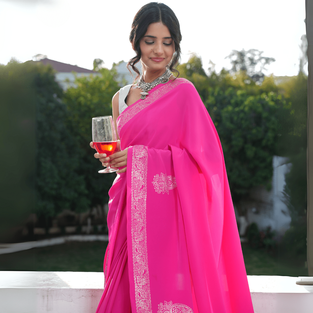 Rose Real Silver Saree in Organic Crepe | Verified Sustainable by Brown Living™