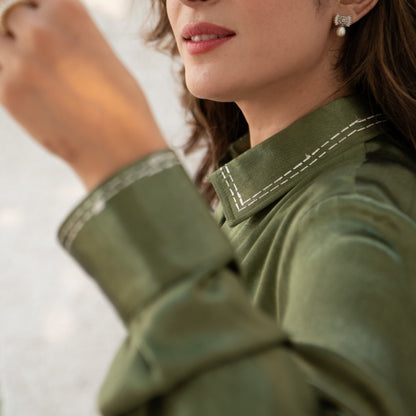 Sage Real Silver Back Pleat Mashru Shirt | Verified Sustainable by Brown Living™