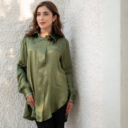 Sage Real Silver Back Pleat Mashru Shirt | Verified Sustainable by Brown Living™