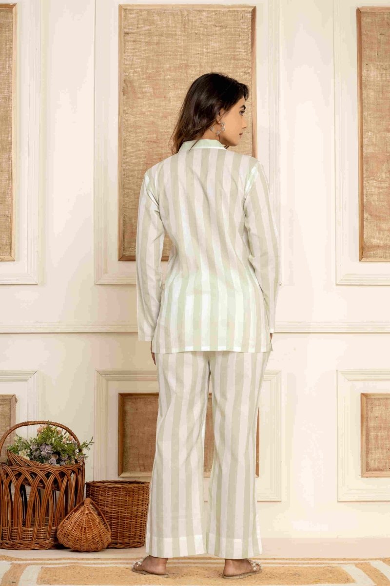 Sage Stripes Loungewear| 100% Cambric Cotton | Women | Verified Sustainable by Brown Living™