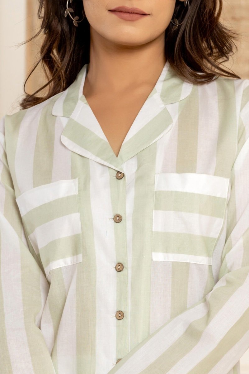 Sage Stripes Loungewear| 100% Cambric Cotton | Women | Verified Sustainable by Brown Living™