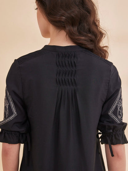 Sahar - Black Organic Bamboo Motif Embroidered Top | Verified Sustainable by Brown Living™