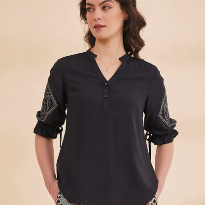 Sahar - Black Organic Bamboo Motif Embroidered Top | Verified Sustainable by Brown Living™