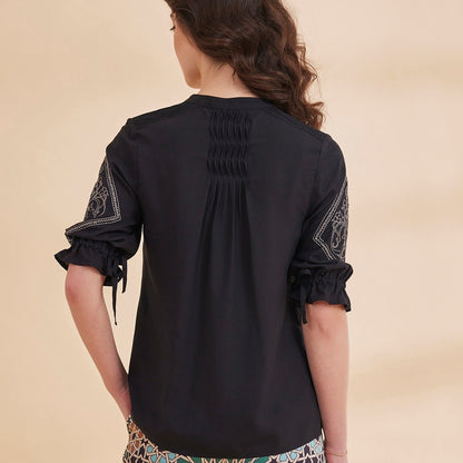 Sahar - Black Organic Bamboo Motif Embroidered Top | Verified Sustainable by Brown Living™