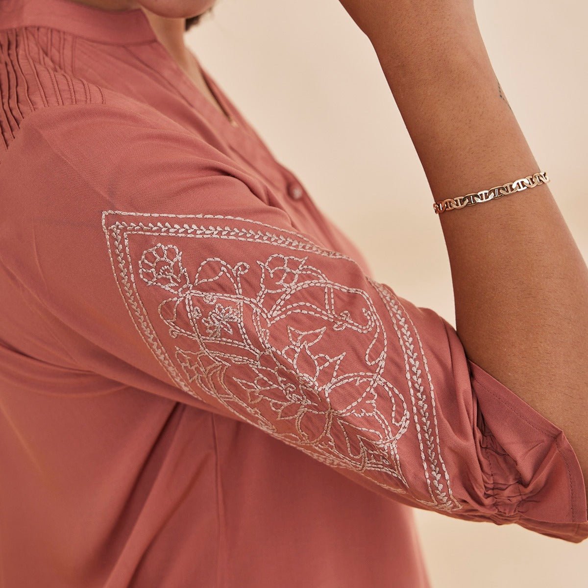 Sahar - Vintage Pink Organic Bamboo Motif Embroidered Top | Verified Sustainable by Brown Living™