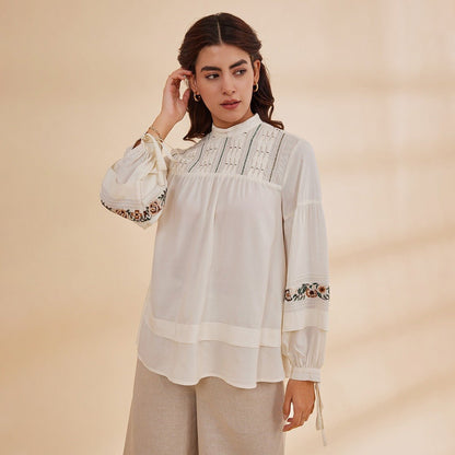 Sasha - Cream Organic Bamboo Embroidered Top | Verified Sustainable by Brown Living™