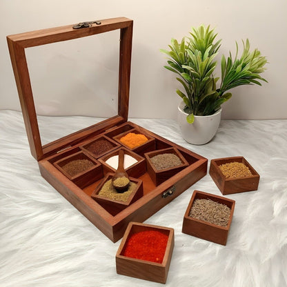 Sheesham Wood 8 Compartment Spice Holder | Verified Sustainable by Brown Living™