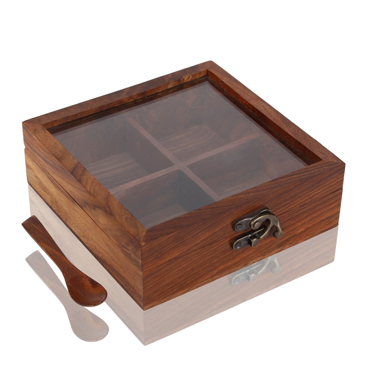 Sheesham Wood Spice Box - 4 Partitions & Spoon | Verified Sustainable by Brown Living™