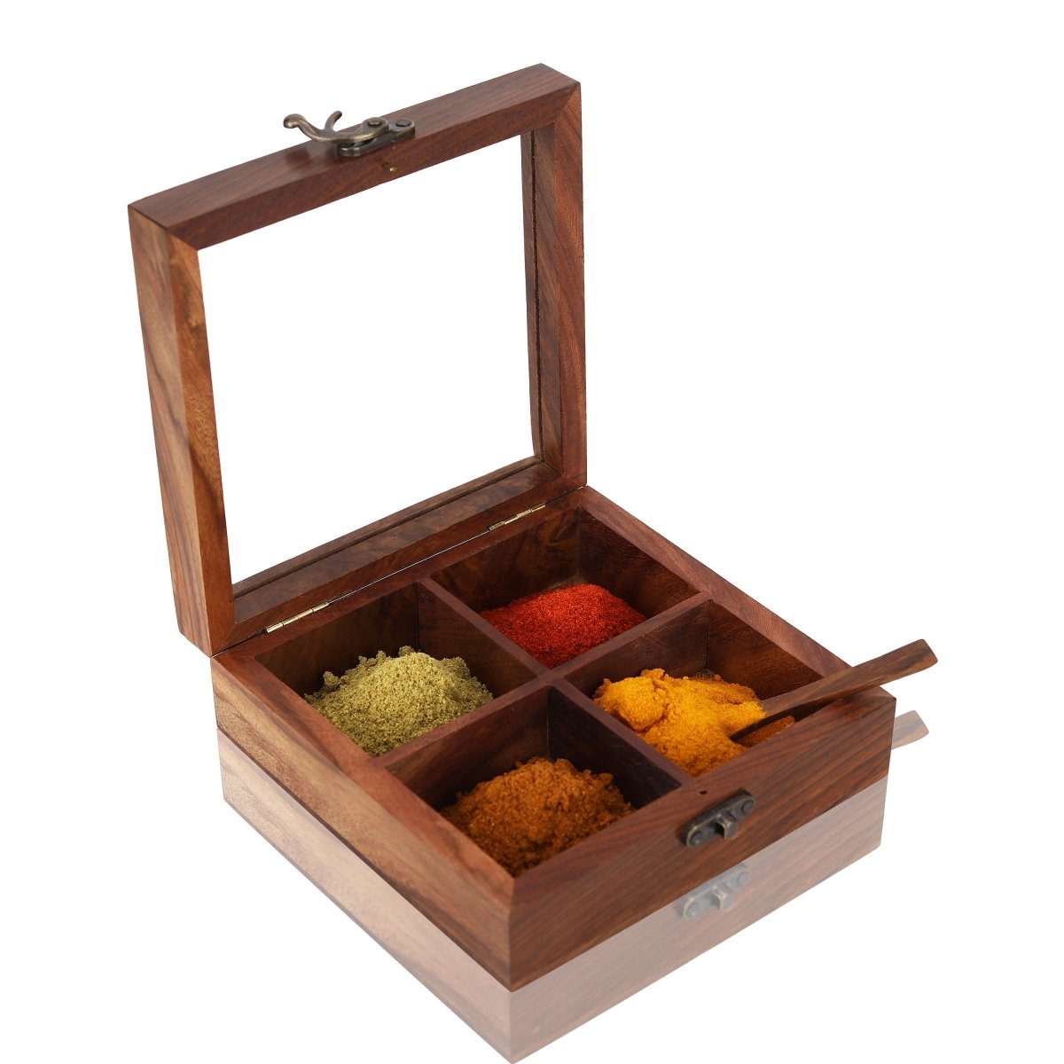 Sheesham Wood Spice Box - 4 Partitions & Spoon | Verified Sustainable by Brown Living™