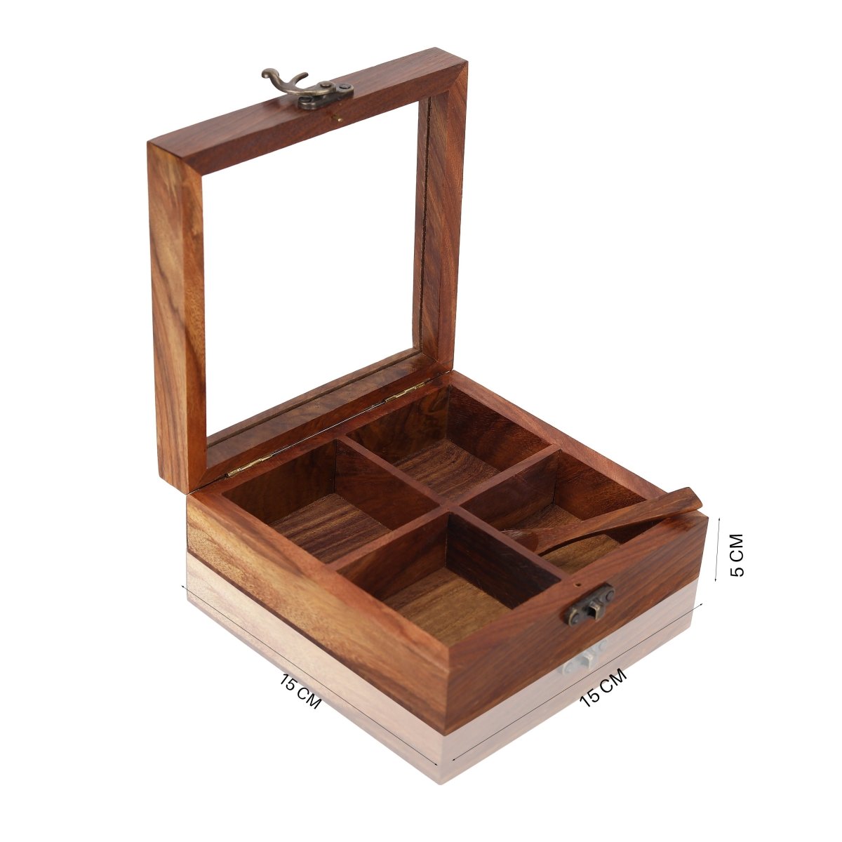 Sheesham Wood Spice Box - 4 Partitions & Spoon | Verified Sustainable by Brown Living™