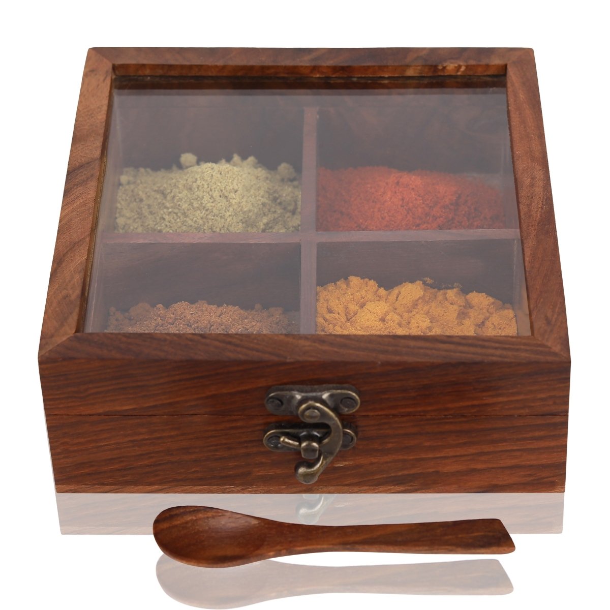 Sheesham Wood Spice Box - 4 Partitions & Spoon | Verified Sustainable by Brown Living™