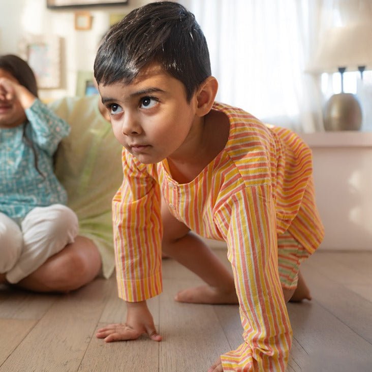 Sleepover Party Cotton Kurta & Shorts Set - Peach Yellow | Verified Sustainable by Brown Living™