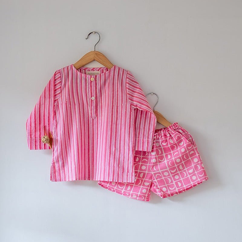 Sleepover Party Cotton Kurta & Shorts Set - Pink Striped | Verified Sustainable by Brown Living™