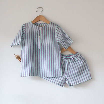 Sleepover Party Cotton Kurta & Shorts Set - Purple Blue Striped | Verified Sustainable by Brown Living™