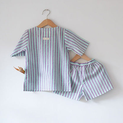 Sleepover Party Cotton Kurta & Shorts Set - Purple Blue Striped | Verified Sustainable by Brown Living™