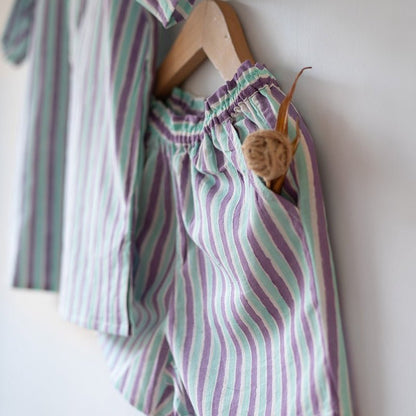 Sleepover Party Cotton Kurta & Shorts Set - Purple Blue Striped | Verified Sustainable by Brown Living™