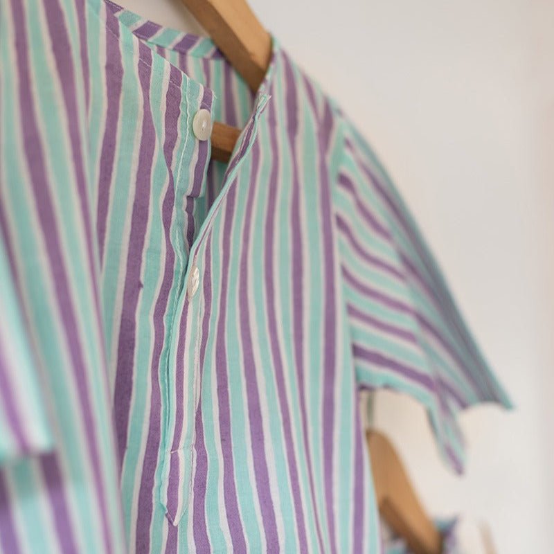 Sleepover Party Cotton Kurta & Shorts Set - Purple Blue Striped | Verified Sustainable by Brown Living™