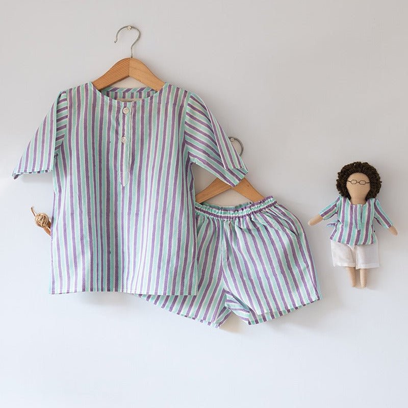 Sleepover Party Cotton Kurta & Shorts Set - Purple Blue Striped | Verified Sustainable by Brown Living™