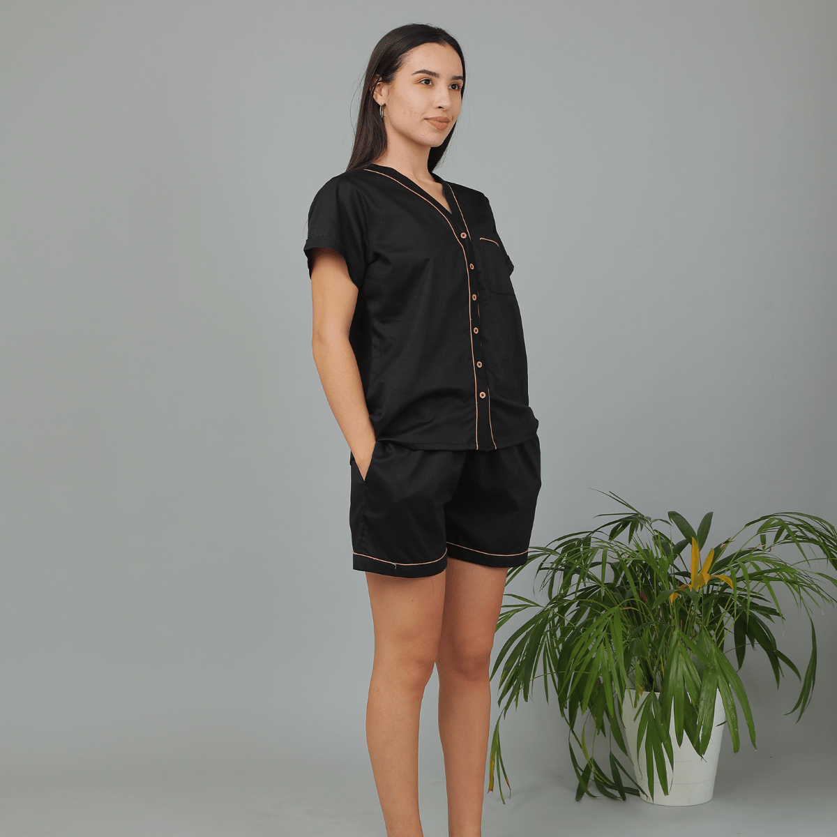 Solid Black Cotton Night Suit – Shirt & Shorts | Verified Sustainable by Brown Living™