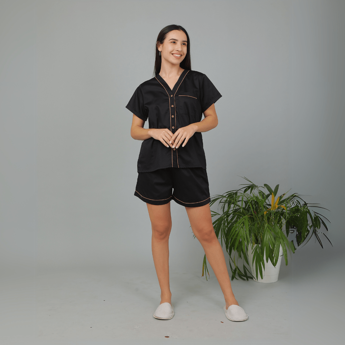 Solid Black Cotton Night Suit – Shirt & Shorts | Verified Sustainable by Brown Living™