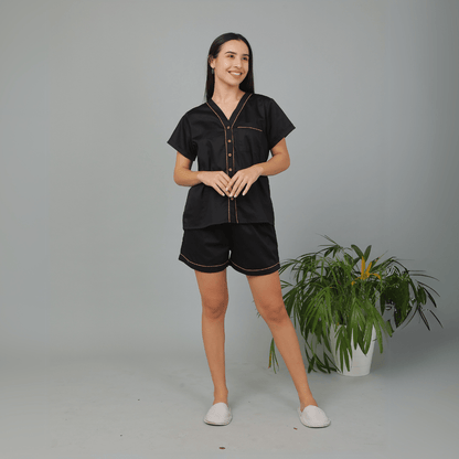 Solid Black Cotton Night Suit – Shirt & Shorts | Verified Sustainable by Brown Living™