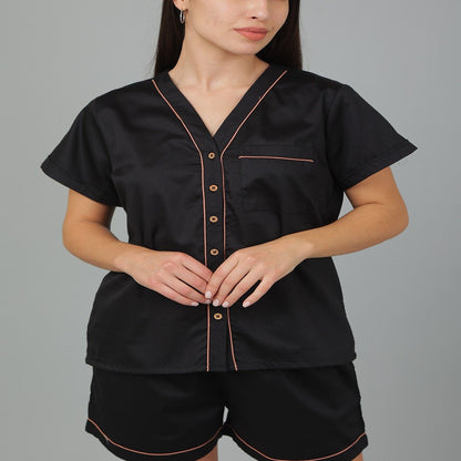 Solid Black Cotton Night Suit – Shirt & Shorts | Verified Sustainable by Brown Living™