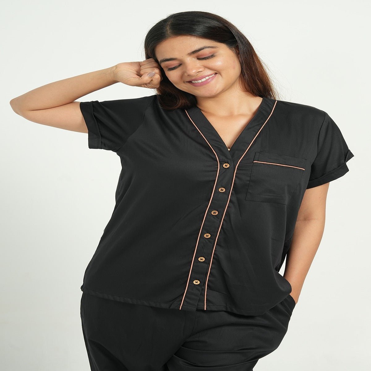 Solid Black Cotton Shirt & Pant Co - ord Set – Loungewear | Verified Sustainable by Brown Living™