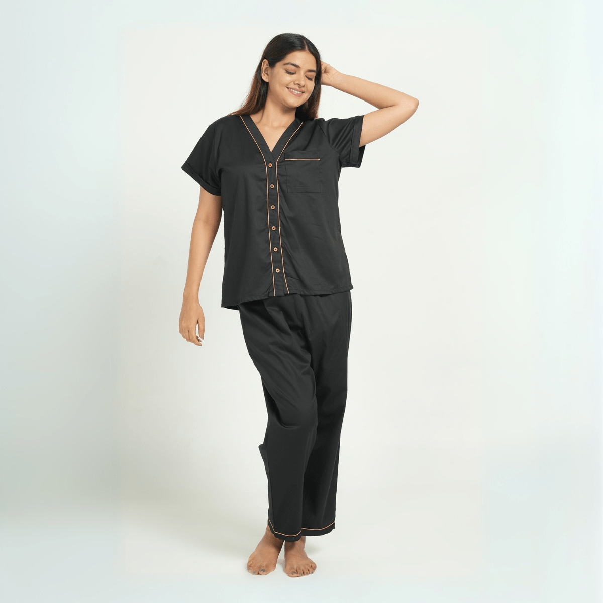 Solid Black Cotton Shirt & Pant Co - ord Set – Loungewear | Verified Sustainable by Brown Living™