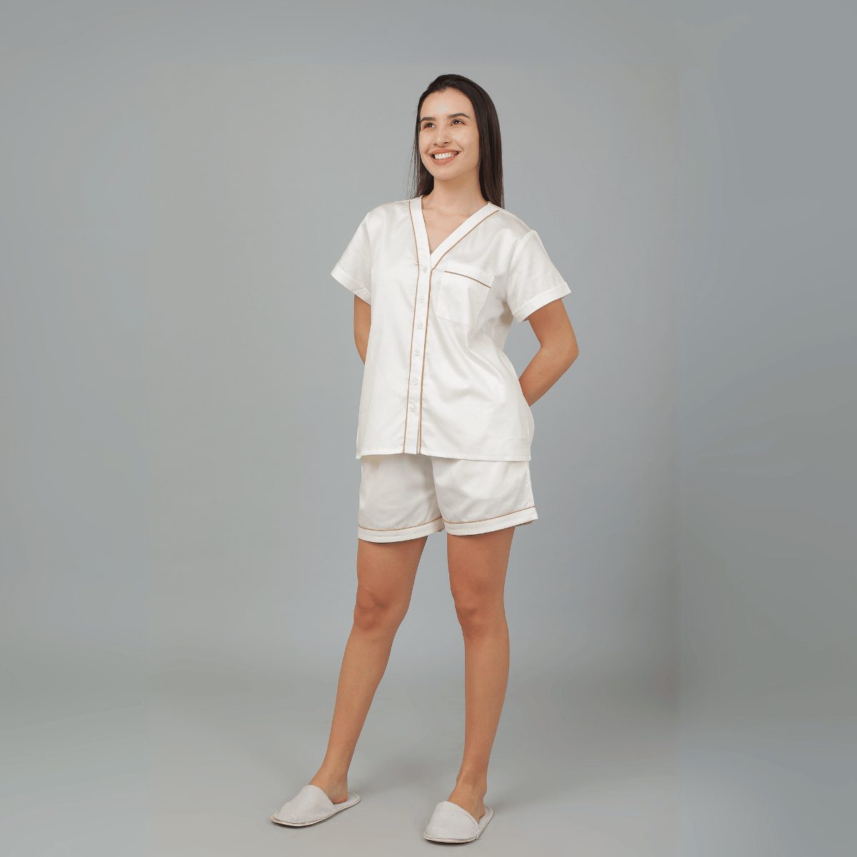 Solid Cream Cotton Night Suit – Shirt & Shorts | Verified Sustainable by Brown Living™