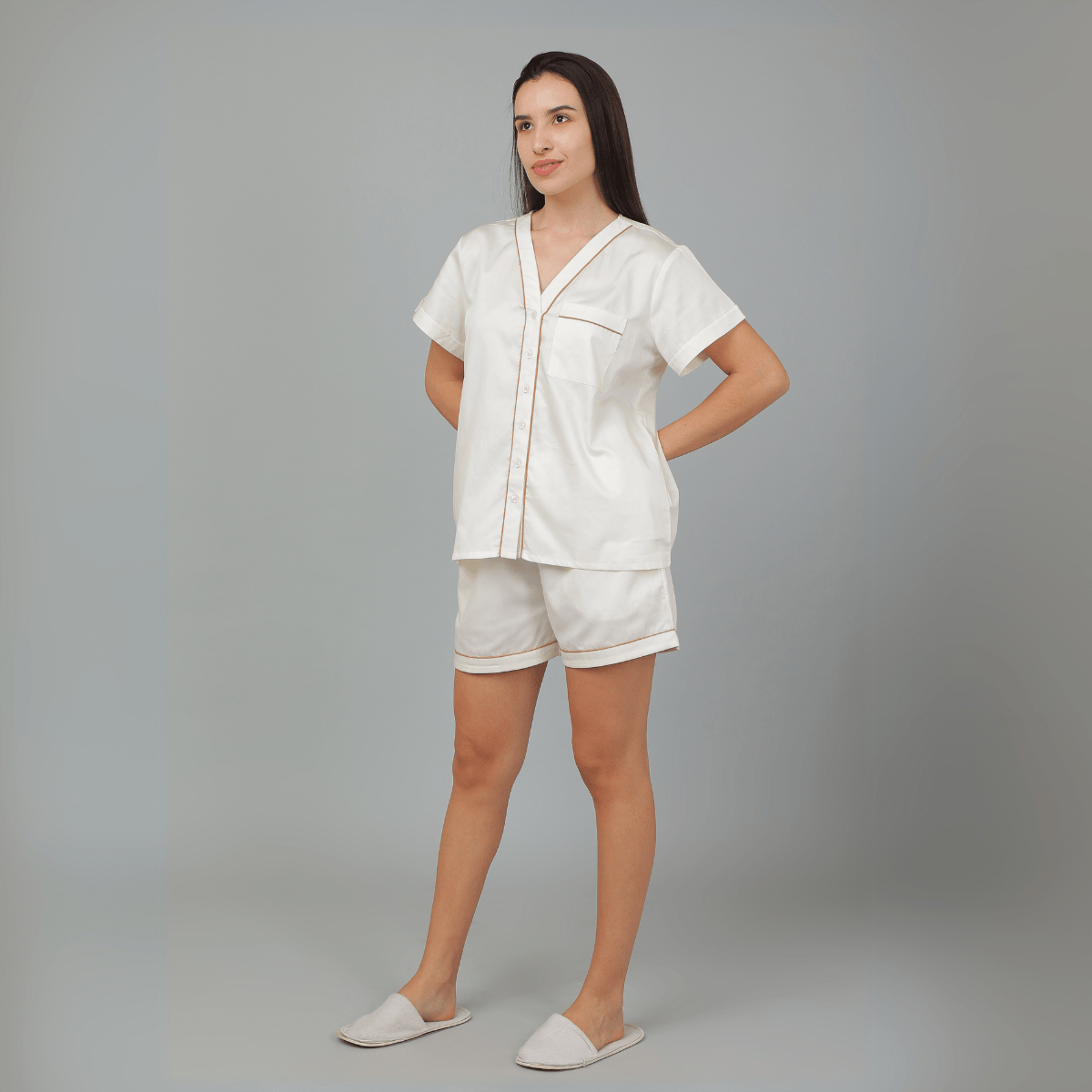 Solid Cream Cotton Night Suit – Shirt & Shorts | Verified Sustainable by Brown Living™