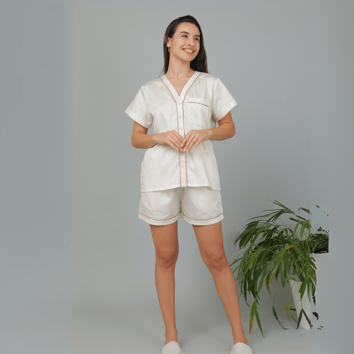 Solid Cream Cotton Night Suit – Shirt & Shorts | Verified Sustainable by Brown Living™