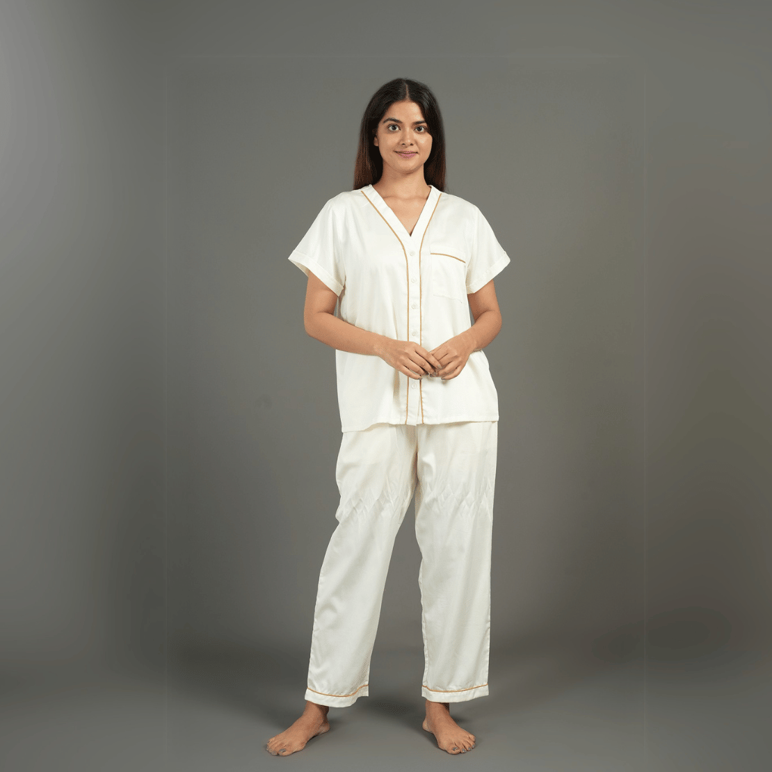 Solid Cream Cotton Shirt & Pant Co - ord Set – Loungewear | Verified Sustainable by Brown Living™