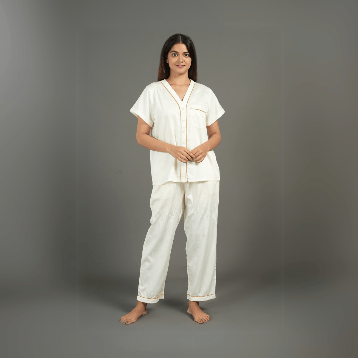 Solid Cream Cotton Shirt & Pant Co - ord Set – Loungewear | Verified Sustainable by Brown Living™