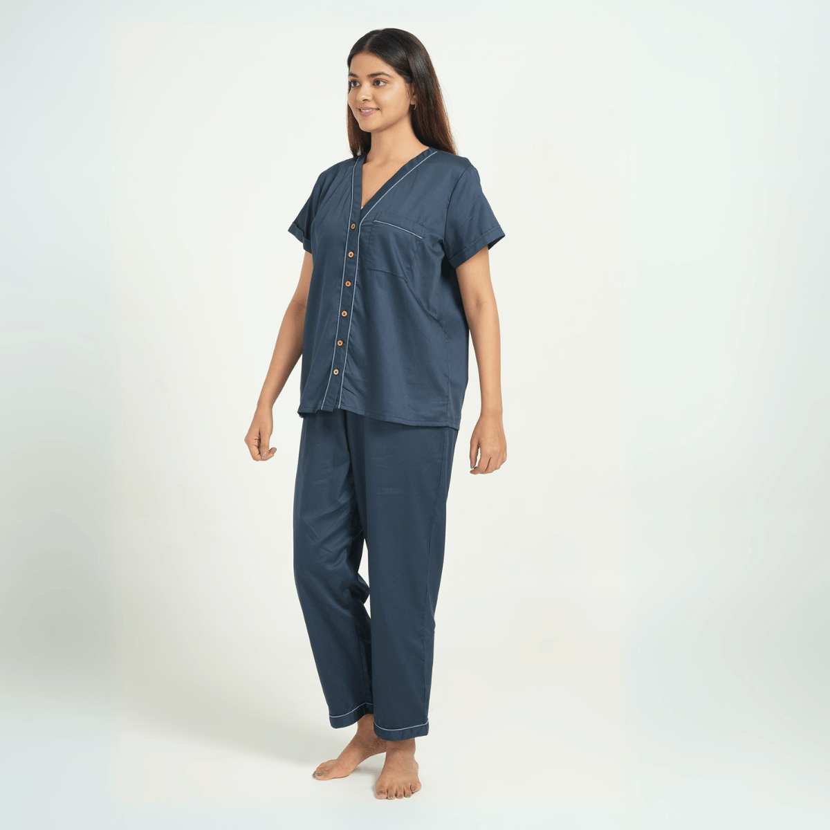 Solid Navy Blue Cotton Shirt & Pant Co - ord Set – Loungewear | Verified Sustainable by Brown Living™