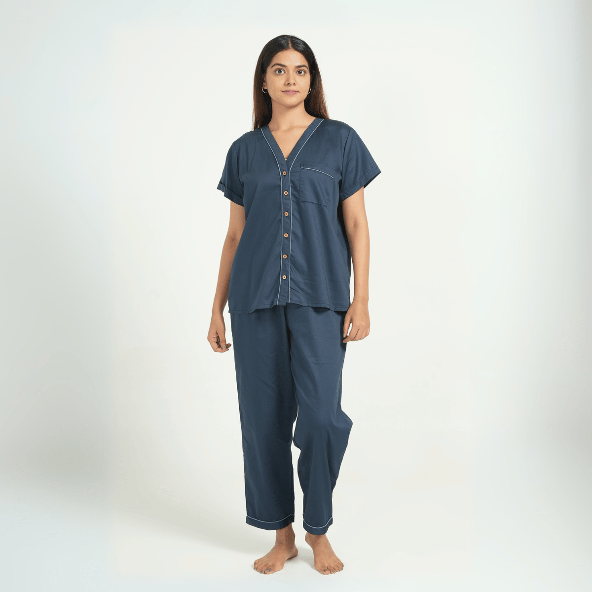 Solid Navy Blue Cotton Shirt & Pant Co - ord Set – Loungewear | Verified Sustainable by Brown Living™