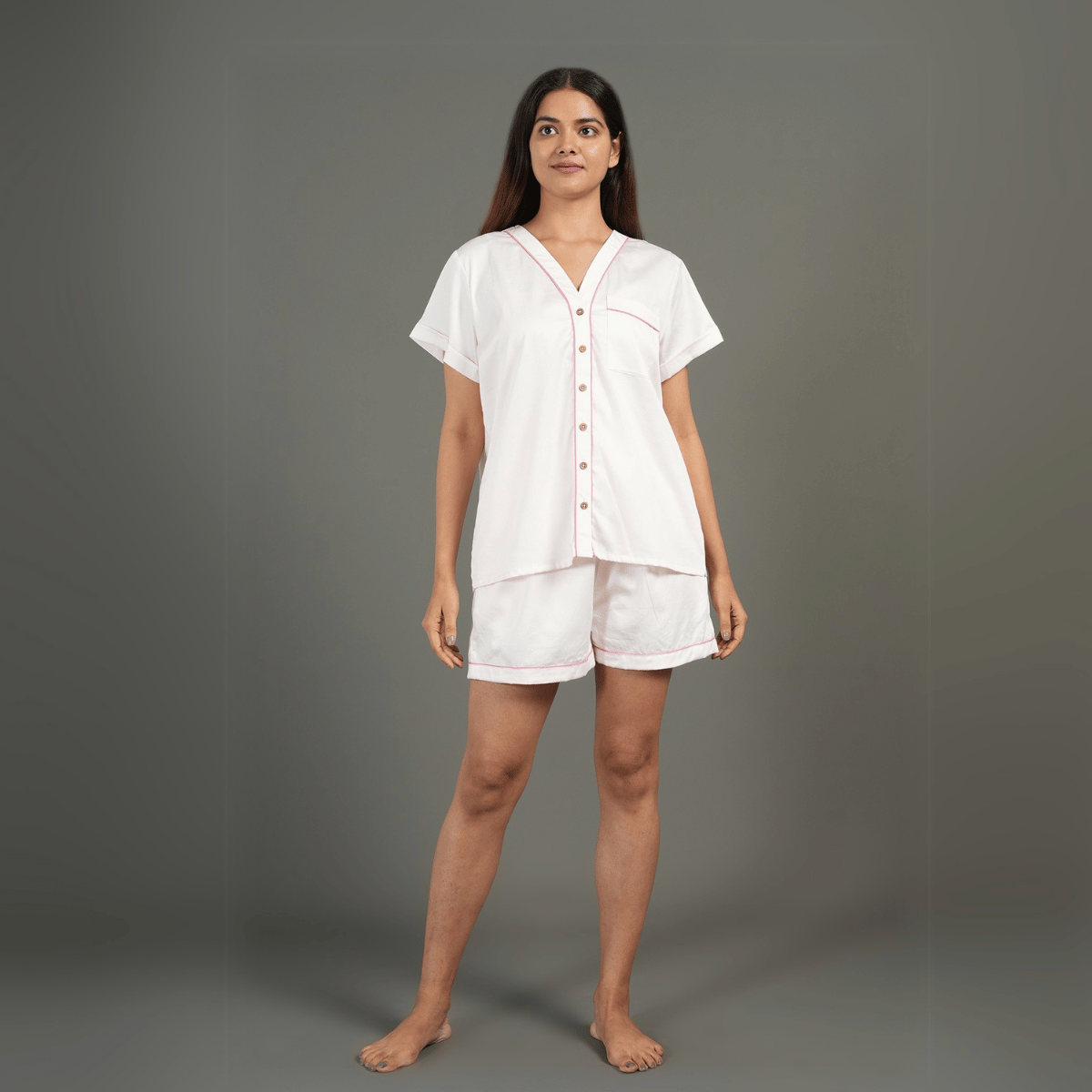 Solid Pink Cotton Night Suit – Shirt & Shorts | Verified Sustainable by Brown Living™