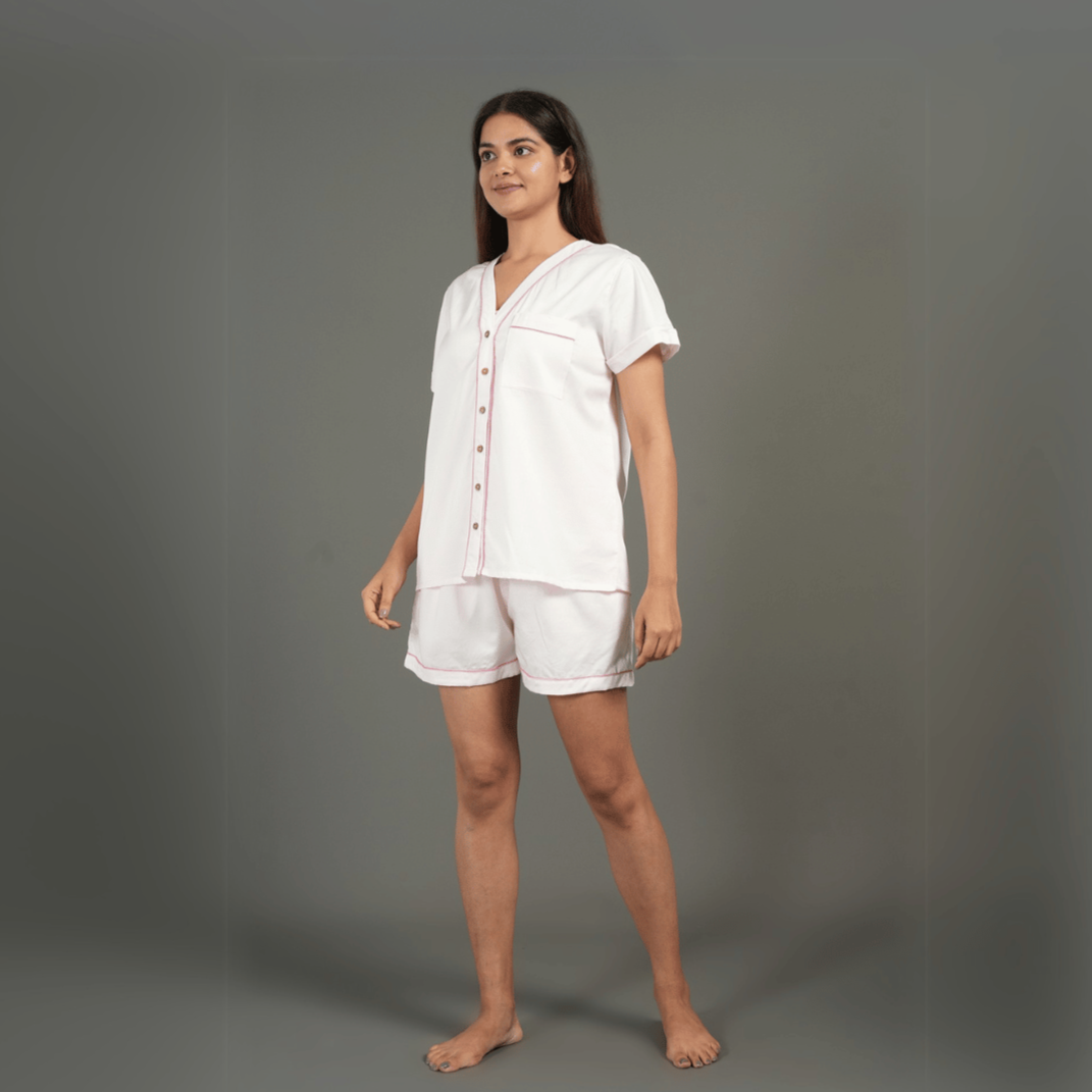 Solid Pink Cotton Night Suit – Shirt & Shorts | Verified Sustainable by Brown Living™