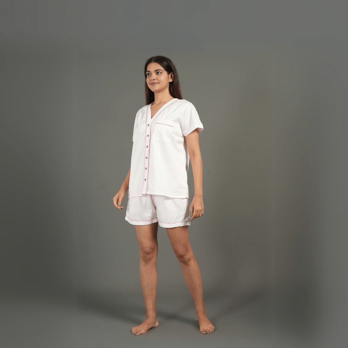 Solid Pink Cotton Night Suit – Shirt & Shorts | Verified Sustainable by Brown Living™